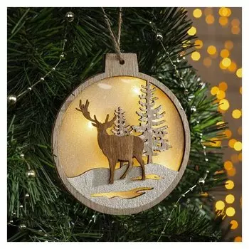 Подвеска световая шарик "Величавый олень в лесу", 12х13х1 см, 4 Led, бат.(В комп), т/белый