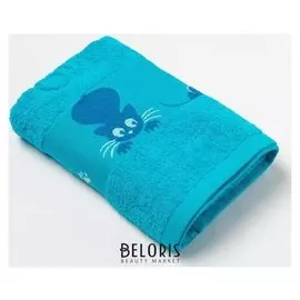 Полотенце махровое с бордюром «Кошки» цвет бирюзовый, 30х60см