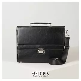 Портфель, 3 отдела на клапане, 2 наружных кармана, длинный ремень, цвет чёрный