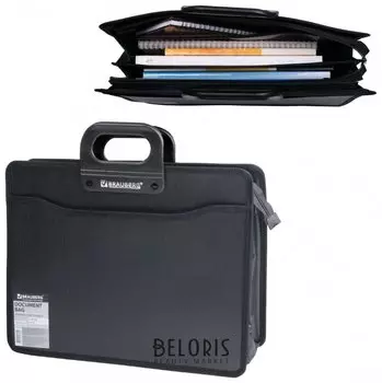 Портфель пластиковый Brauberg А4+ (390х320х120 мм), 4 отделения, с окантовкой, фактура под дерево, черный