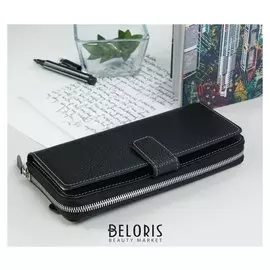 Портмоне-визитница, 3 отдела на молнии, отдел для монет, флотер, цвет чёрный