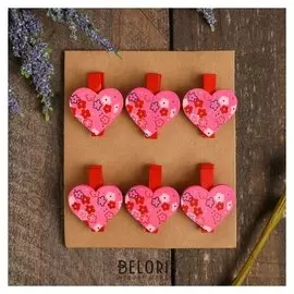 Прищепки декоративные «Сердечки с цветами» набор 6 шт.