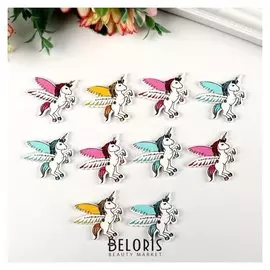 Пуговицы дерево для творчества 2 прокола "Единорог с крыльями" набор 10 шт 2,9х3х0,3 см