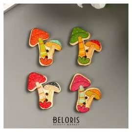 Пуговицы дерево для творчества 2 прокола "Грибочки" набор 10 шт 3,2х2,7 см