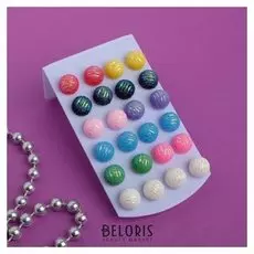 Пусеты 12 пар "Круг" с блёстками, D=1см