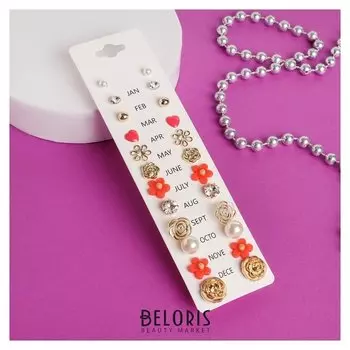 Пусеты 12 пар One Year, цветное цвет бело-розовый в золоте