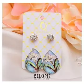 Пусеты 2 пары "Капля" лилия, цвет бело-голубой в золоте