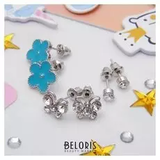 Пусеты 3 пары "Цветок и бабочка", цвет бело-голубой в серебре