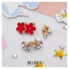 Пусеты 3 пары "Цветок и бабочка", цвет бело-красный в золоте