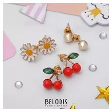 Пусеты 3 пары "Цветок и вишенка", цветной в золоте