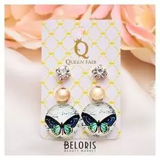 Пусеты 3 пары "Круг" бабочка, цвет бело-зелёный в золоте