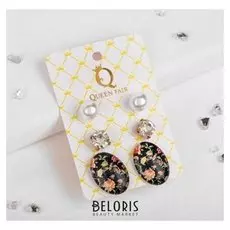 Пусеты 3 пары "Овал" цветы, цветные в золоте