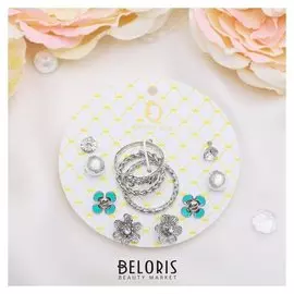 Пусеты с кольцами "Настроение" цветочная поляна, цвет бело-голубой в серебре