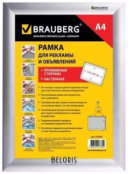 Рамка настенная для рекламы, А4 (210х297 мм), алюминиевый профиль, прижимные стороны, Brauberg