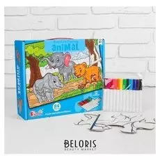 Раскраска-пазл 24 детали «Животные» 12 фломастеров, размер собранного: 64 × 90 см