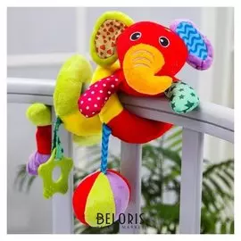 Растяжка - спираль мягкая с погремушкой на кроватку/коляску «Слоник яркий»