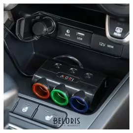 Разветвитель прикуривателя, 3 гнезда 2 USB с подсветкой и вкл/ выкл черный