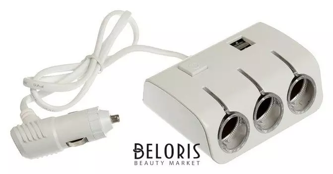 Разветвитель прикуривателя, 3 гнезда с подсветкой, 2 Usb, 12/24 В, провод 70 см, белый