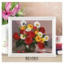 Роспись по холсту «Цветочный букет» по номерам с красками по 3 мл+ кисти+крепеж, 30×40 см