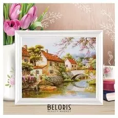 Роспись по холсту "Деревушка у реки" по номерам с красками по 3 мл+ кисти+инстр+крепеж 30*40 24676