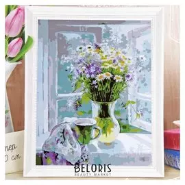 Роспись по холсту "Полевые цветы на окне"по номерам с красками по 3 мл+ кисти+крепеж 30*40