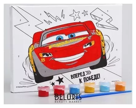 Роспись по холсту "Вперед к победе" 21х15 см, тачки