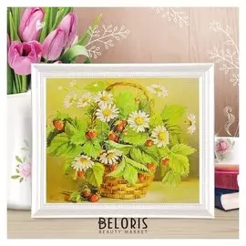 Роспись по холсту "Земляника с ромашками"по номерам с краск по 3мл+ кисти+инстр+крепеж30*40