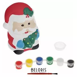 Роспись по керамике - копилка "Дед мороз с елочкой" + краски 6 цветов по 3 мл, кисть