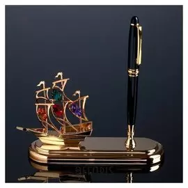 Ручка чёрная на подставке "Парусник" с кристаллами Swarovski 19х16,2 см