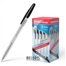 Ручка шариковая Erich Krause "R-301 Classic", черная, корпус прозрачный, узел 1 мм, линия письма 0,5 мм