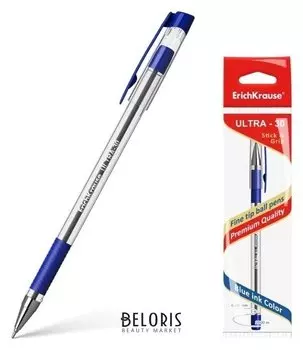 Ручка шариковая Erich Krause Ultra-30, узел-игла 0.7 мм, чернила синие, резиновый упор, длина линии письма 2000 метров, 1 штука в пакете с европодвесом