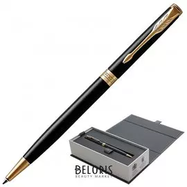 Ручка шариковая Parker "Sonnet Core Lacquer Black Gt Slim", тонкая, корпус черный глянцевый лак, позолоченные детали, черная