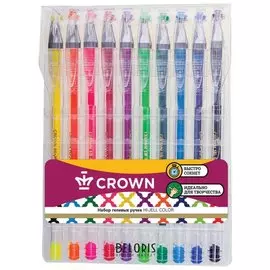 Ручки гелевые Crown, набор 10 шт., ассорти, "Hi-jell Color", узел 0,5 мм, линия письма 0,35 мм