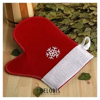 Рукавица банная с аппликацией "Снежинка", красная