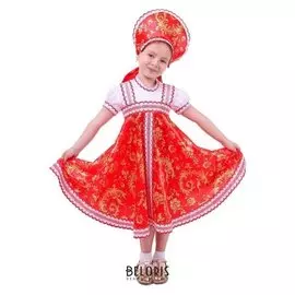 Русский народный костюм для девочки с кокошником, красно-бежевые узоры, р-р 60, рост 110-116 см