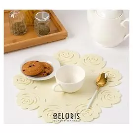 Салфетка декоративная доляна"Цветы" цвет молочный,d 30 см, 100% п/э, фетр