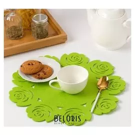 Салфетка декоративная доляна"Цветы" цвет зеленый,d 30 см, 100% п/э, фетр