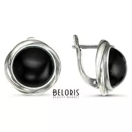 Серьги "Агат чёрный" круг, посеребрение с оксидированием