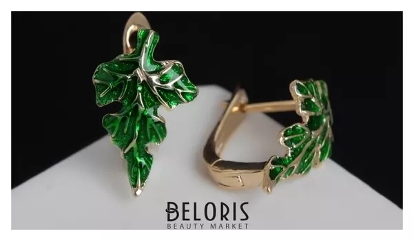 Серьги эмаль "Листопад", цвет зелёный в золоте