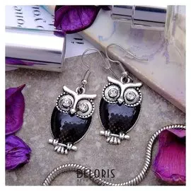 Серьги эмаль "Сова" винтажные цвет чёрный в серебре