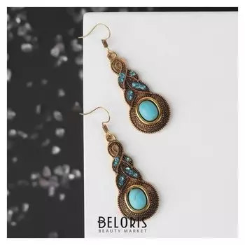 Серьги "Бирюзовый мир" коса, цвет голубой в чернёном золоте