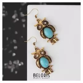 Серьги "Бирюзовый мир" сова, цвет голубой в чернёном золоте