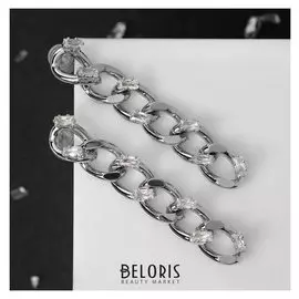 Серьги "Цепи" звенья со стразами, цвет белый в серебре