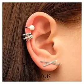 Серьги "Каффы" жемчужинка и стразы, набор 3 шт, цвет белый в серебре