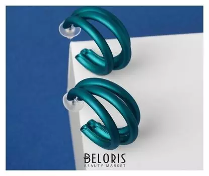 Серьги-кольца "Боттега" тройные, цвет изумрудный