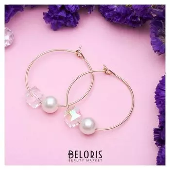 Серьги-кольца "Бусина" с ромбом, d=6 см, цвет белый в золоте