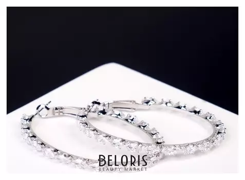 Серьги-кольца "Классика" овал, крупные вставки, цвет белый в серебре