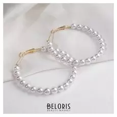 Серьги-кольца "Нежность жемчуга" кольца средние, цвет белый в золоте, d=5,5 см