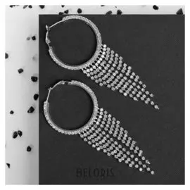 Серьги-кольца "Селебрити" дождик, цвет белый в серебре, d=4 см