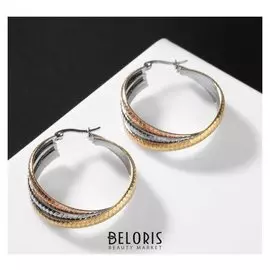 Серьги-кольца "Сталь" узорчитые, цвет золотисто-серебрянный